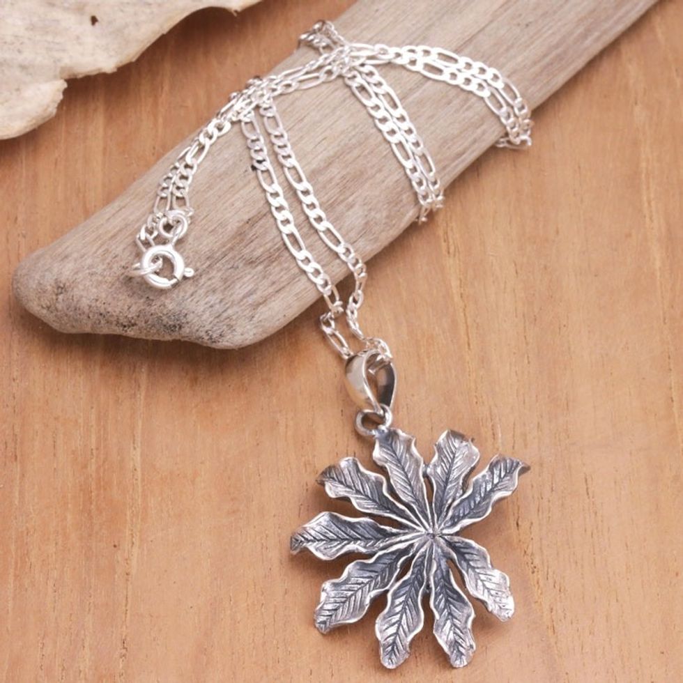 Balinese Sterling Silver Pendant Necklace with Palm Leaves 'Sugar Palm'