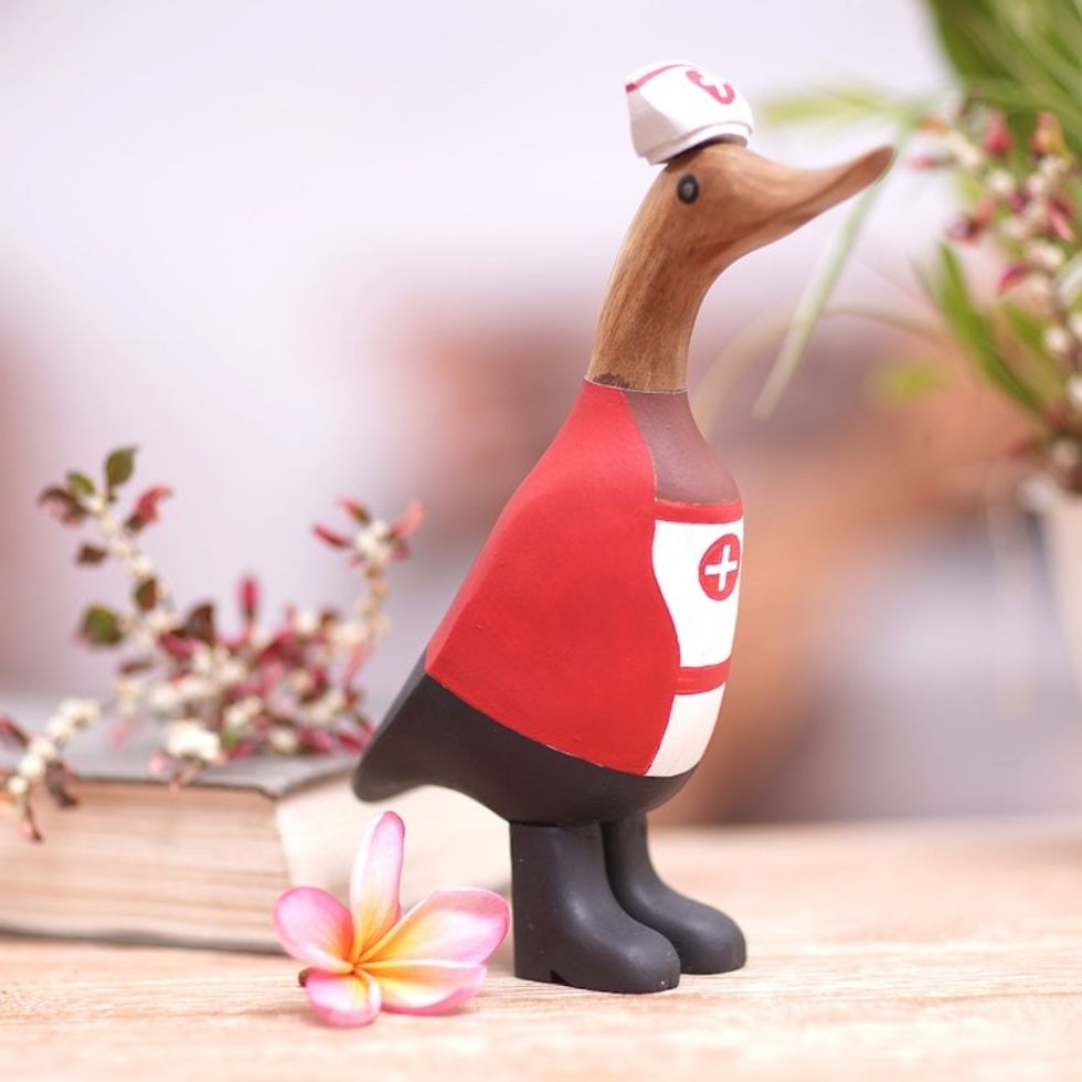 Hand-Crafted Bamboo Root and Teak Wood Nurse Duck Figurine 'Nurse Duckling in Red'