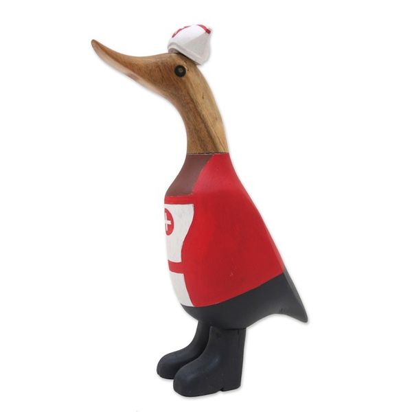 Alternate image for Hand-Crafted Bamboo Root and Teak Wood Nurse Duck Figurine Nurse Duckling in Red