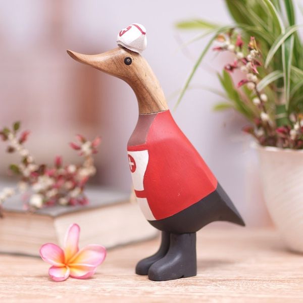 Alternate image for Hand-Crafted Bamboo Root and Teak Wood Nurse Duck Figurine Nurse Duckling in Red