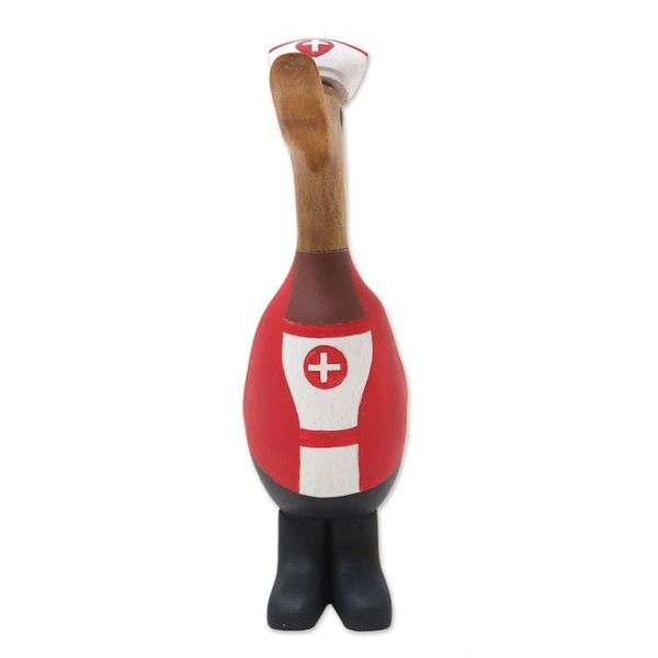 Alternate image for Hand-Crafted Bamboo Root and Teak Wood Nurse Duck Figurine Nurse Duckling in Red