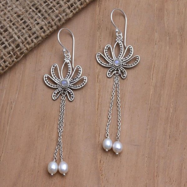 Alternate image for Cultured Pearl and Rainbow Moonstone Dangle Earrings Winking Lotus