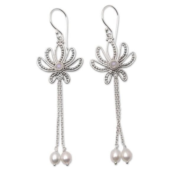 Alternate image for Cultured Pearl and Rainbow Moonstone Dangle Earrings Winking Lotus