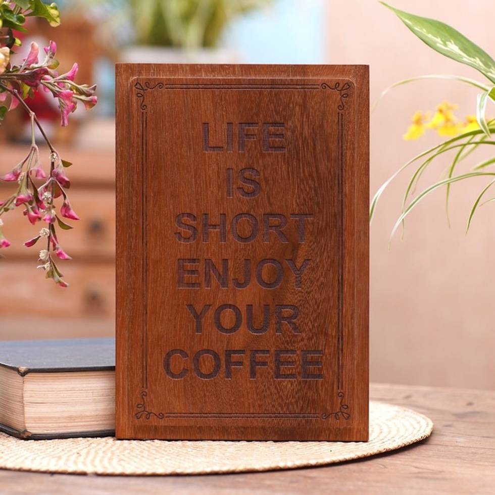 Coffee-Themed Reclaimed Wood Plaque from Bali 'Coffee Time'