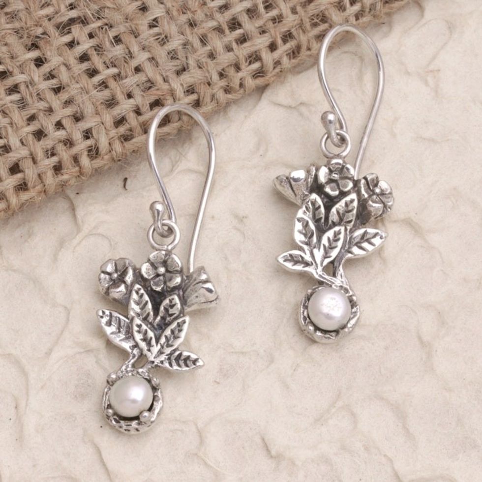 Balinese Cultured Pearl Sterling Silver Leaf Dangle Earrings 'Leaf Clarity'