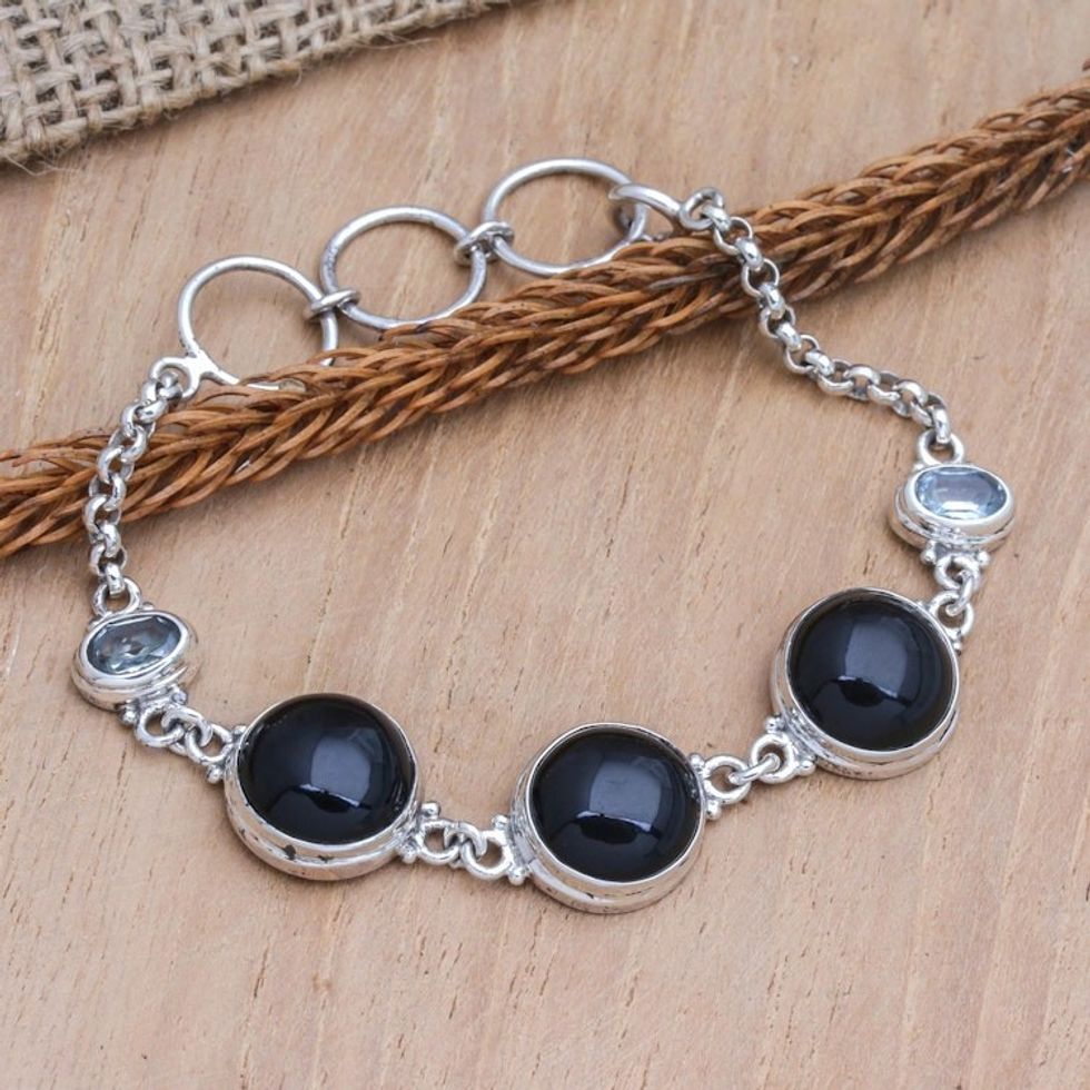 Balinese Sterling Silver Blue Topaz Horn Pendant Bracelet 'Spooky Black'