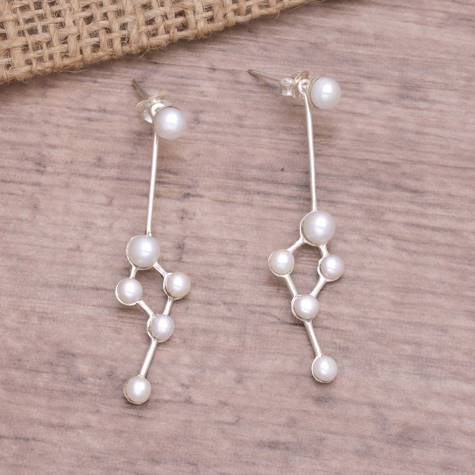 Balinese Sterling Silver and Cultured Pearl Dangle Earrings 'Geometric Journey'