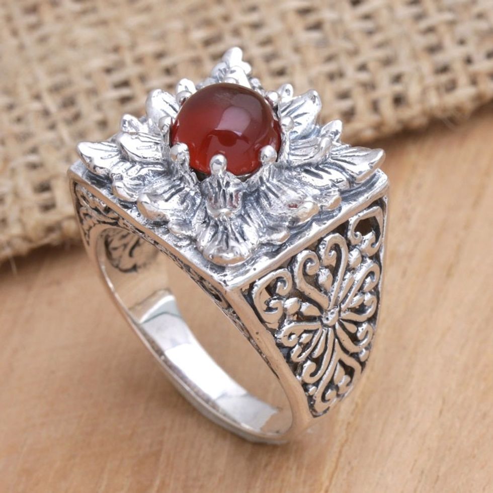 Sterling Silver Lotus Cocktail Ring with Carnelian Stone 'Lotus Blessing'