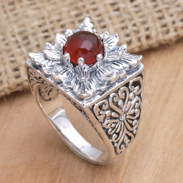 Alternate image for Sterling Silver Lotus Cocktail Ring with Carnelian Stone Lotus Blessing