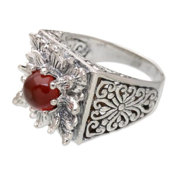 Alternate image for Sterling Silver Lotus Cocktail Ring with Carnelian Stone Lotus Blessing