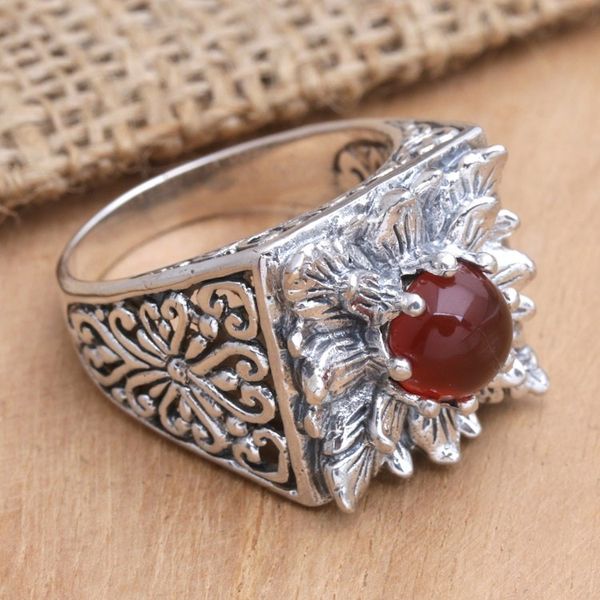 Alternate image for Sterling Silver Lotus Cocktail Ring with Carnelian Stone Lotus Blessing