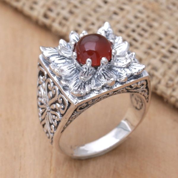Alternate image for Sterling Silver Lotus Cocktail Ring with Carnelian Stone Lotus Blessing