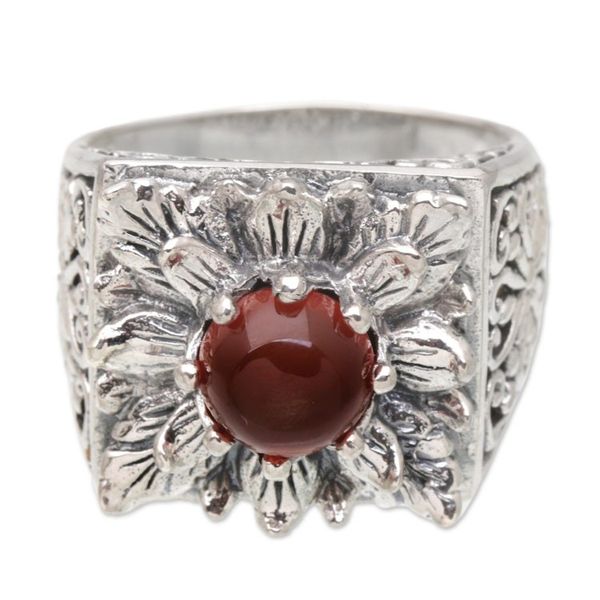 Alternate image for Sterling Silver Lotus Cocktail Ring with Carnelian Stone Lotus Blessing