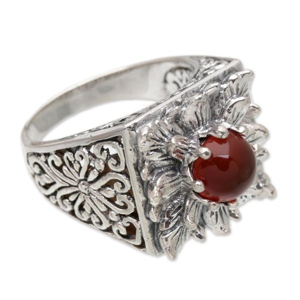 Alternate image for Sterling Silver Lotus Cocktail Ring with Carnelian Stone Lotus Blessing