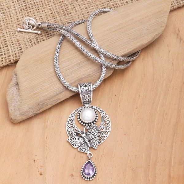 Alternate image for Sterling Silver Pendant Necklace with Amethyst and Pearl Purple Butterfly Teardrop