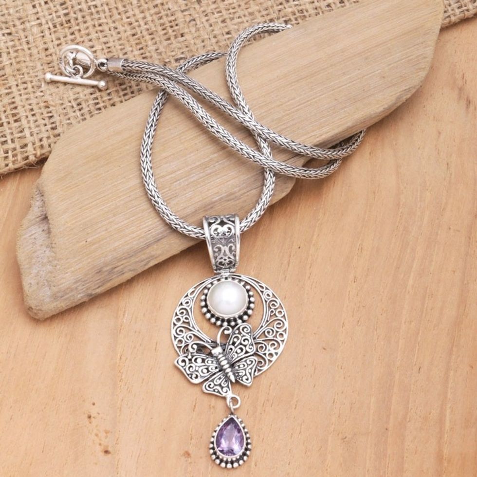 Sterling Silver Pendant Necklace with Amethyst and Pearl 'Purple Butterfly Teardrop'