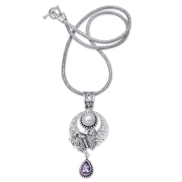 Alternate image for Sterling Silver Pendant Necklace with Amethyst and Pearl Purple Butterfly Teardrop
