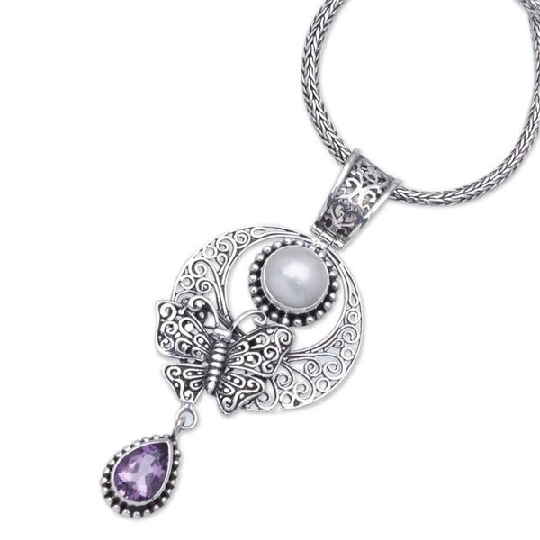 Alternate image for Sterling Silver Pendant Necklace with Amethyst and Pearl Purple Butterfly Teardrop