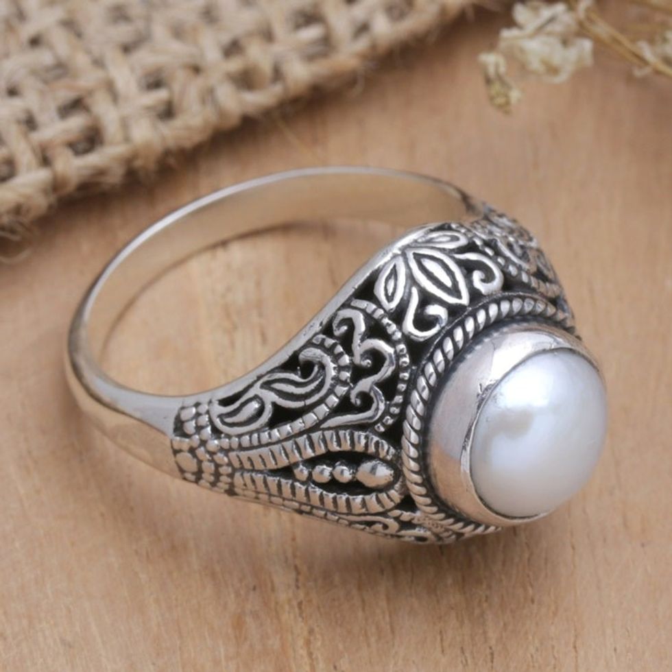 Balinese Sterling Silver Cocktail Ring with Grey Pearl 'Pearly Charm'