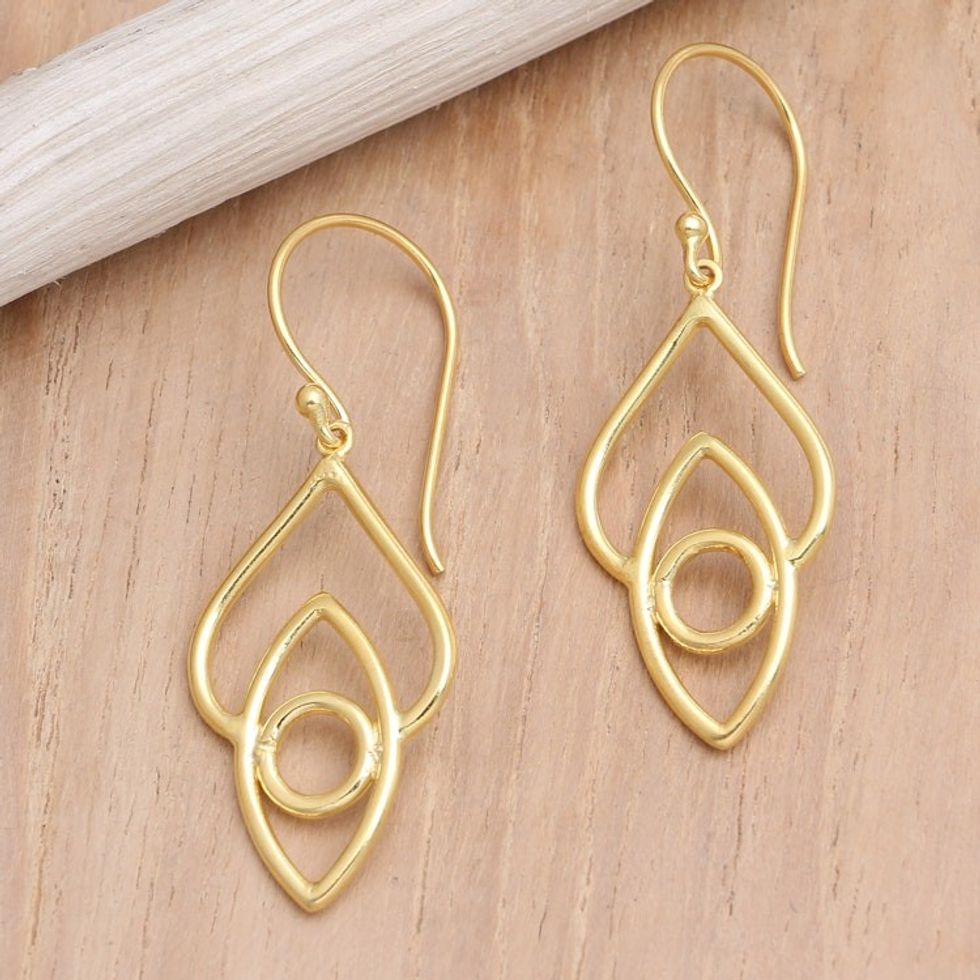 Handcrafted Gold-Plated Brass Dangle Earrings from Bali 'Feast for the Eyes'