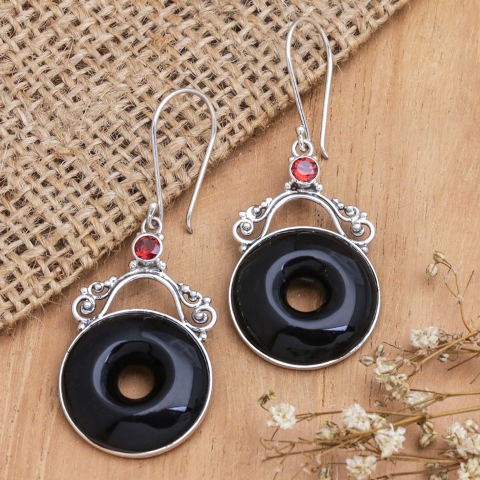 Balinese Horn Garnet Sterling Silver Round Dangle Earrings 'Sweet Donuts'