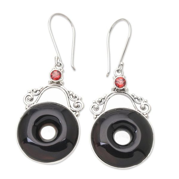 Alternate image for Balinese Horn Garnet Sterling Silver Round Dangle Earrings Sweet Donuts