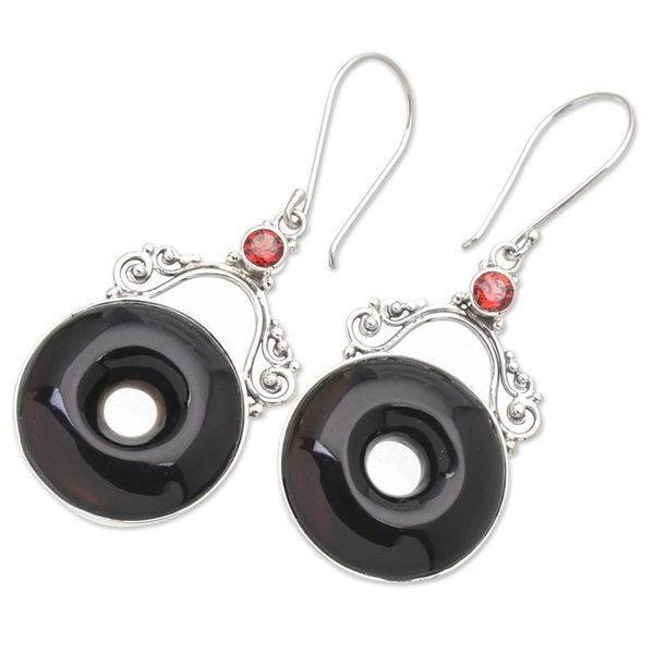 Alternate image for Balinese Horn Garnet Sterling Silver Round Dangle Earrings Sweet Donuts