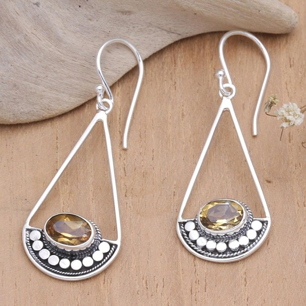 Sterling Silver Dangle Earrings with Faceted Citrine Stones 'Optimism Pendulum'