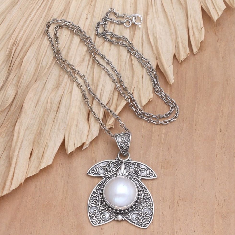Floral Sterling Silver Pendant Necklace with Grey Pearl 'Blooming Pride'