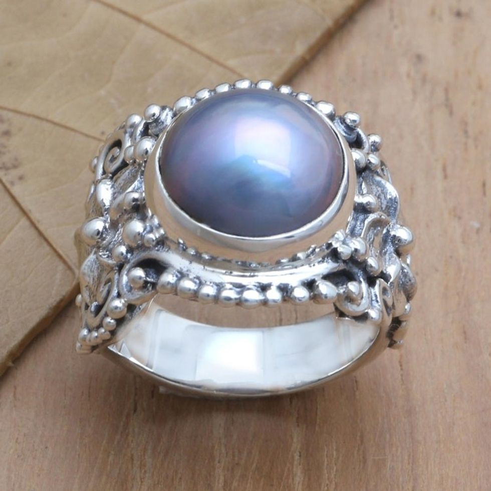 Blue Cultured Pearl and Sterling Silver Cocktail Ring 'Soft Glow in Blue'