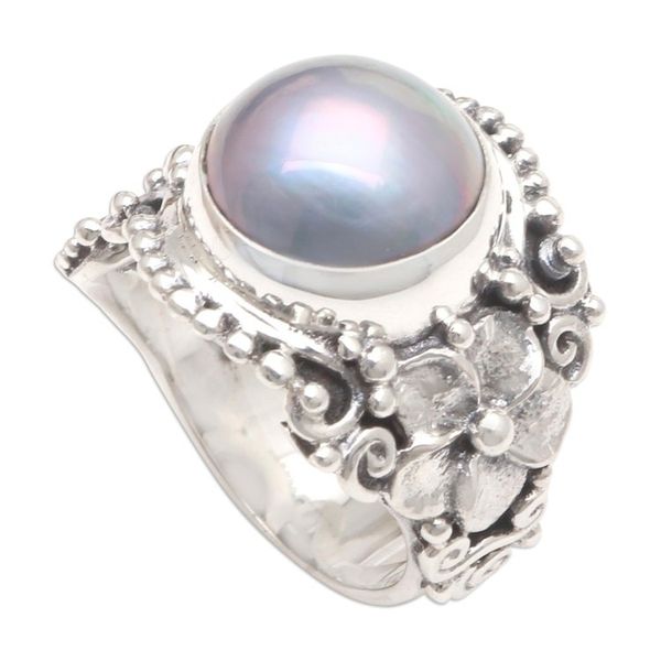 Alternate image for Blue Cultured Pearl and Sterling Silver Cocktail Ring Soft Glow in Blue