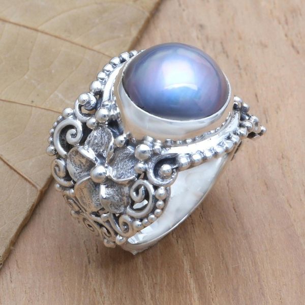 Alternate image for Blue Cultured Pearl and Sterling Silver Cocktail Ring Soft Glow in Blue