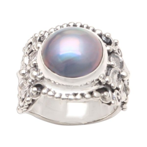Alternate image for Blue Cultured Pearl and Sterling Silver Cocktail Ring Soft Glow in Blue