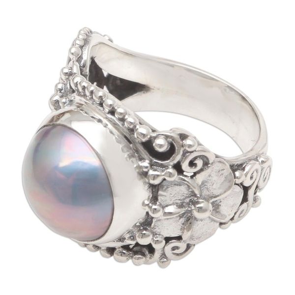 Alternate image for Blue Cultured Pearl and Sterling Silver Cocktail Ring Soft Glow in Blue