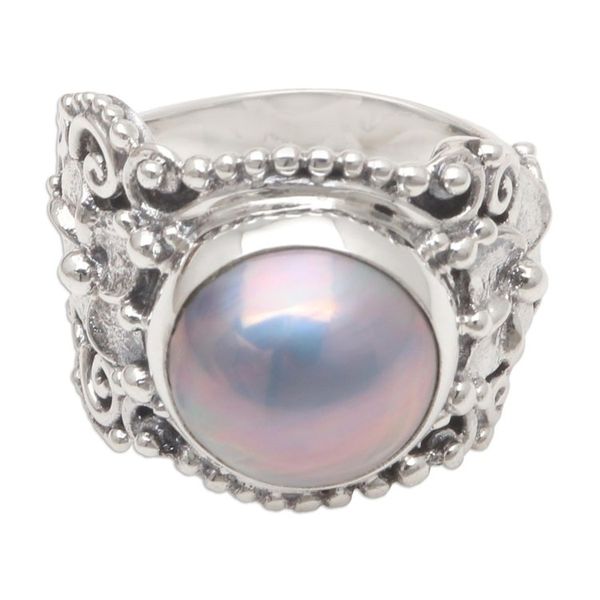 Alternate image for Blue Cultured Pearl and Sterling Silver Cocktail Ring Soft Glow in Blue