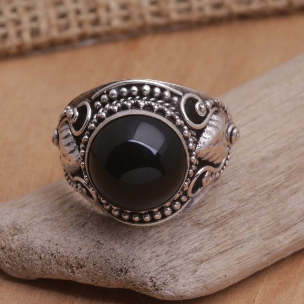 Onyx Sterling Silver Cocktail Ring from Bali 'Majestic Vitality'