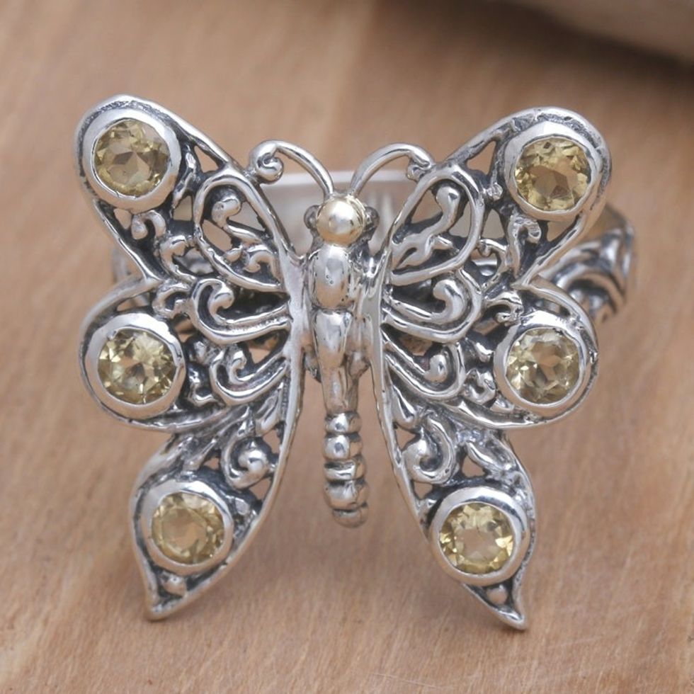 Citrine Cocktail Ring in Sterling Silver 'Pretty Butterfly in Yellow'