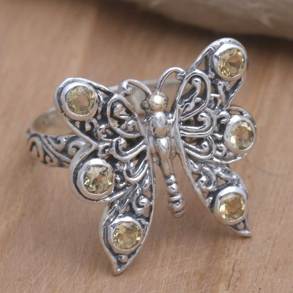 Alternate image for Citrine Cocktail Ring in Sterling Silver Pretty Butterfly in Yellow
