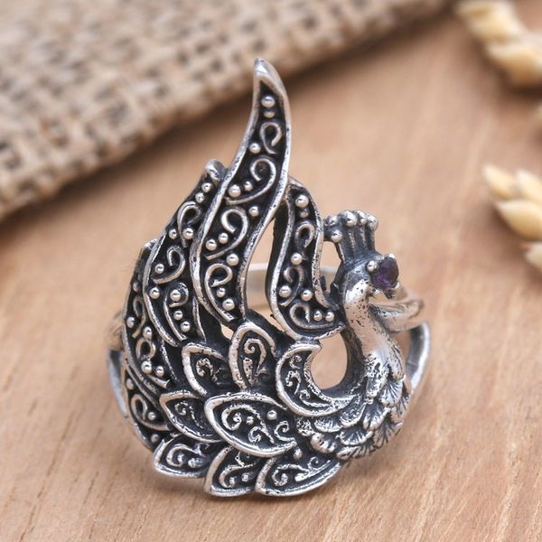 Alternate image for Handmade Amethyst Cocktail Ring with Swan Motif Queen of Swans