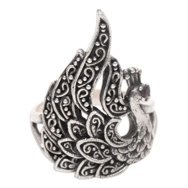 Alternate image for Handmade Amethyst Cocktail Ring with Swan Motif Queen of Swans