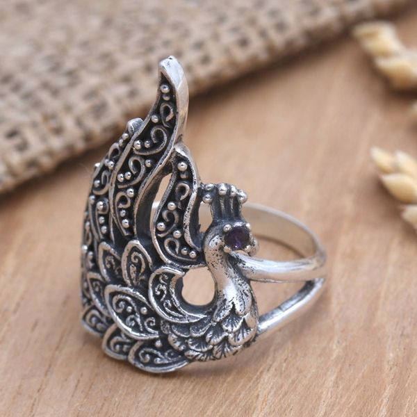 Alternate image for Handmade Amethyst Cocktail Ring with Swan Motif Queen of Swans