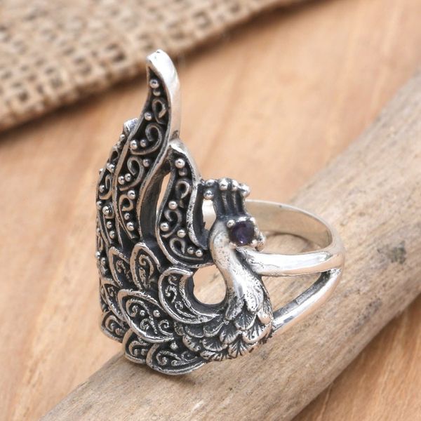 Alternate image for Handmade Amethyst Cocktail Ring with Swan Motif Queen of Swans