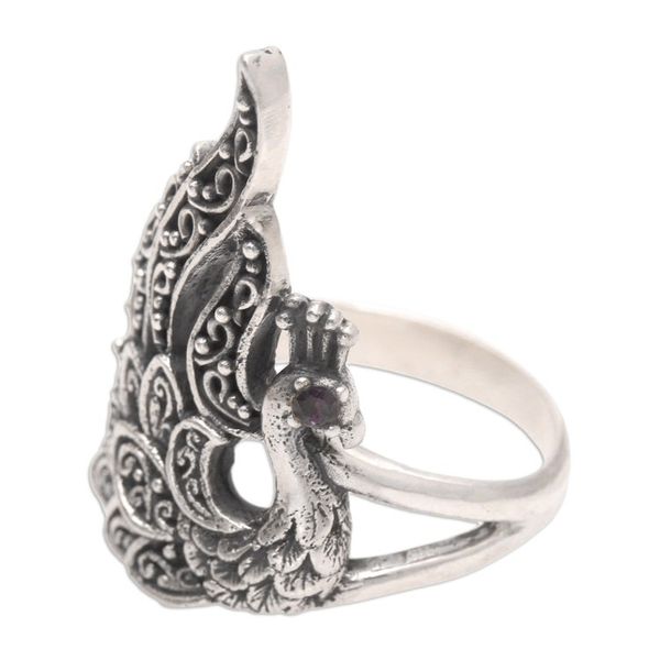 Alternate image for Handmade Amethyst Cocktail Ring with Swan Motif Queen of Swans