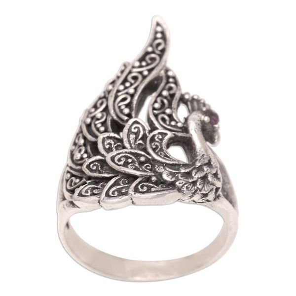 Alternate image for Handmade Amethyst Cocktail Ring with Swan Motif Queen of Swans