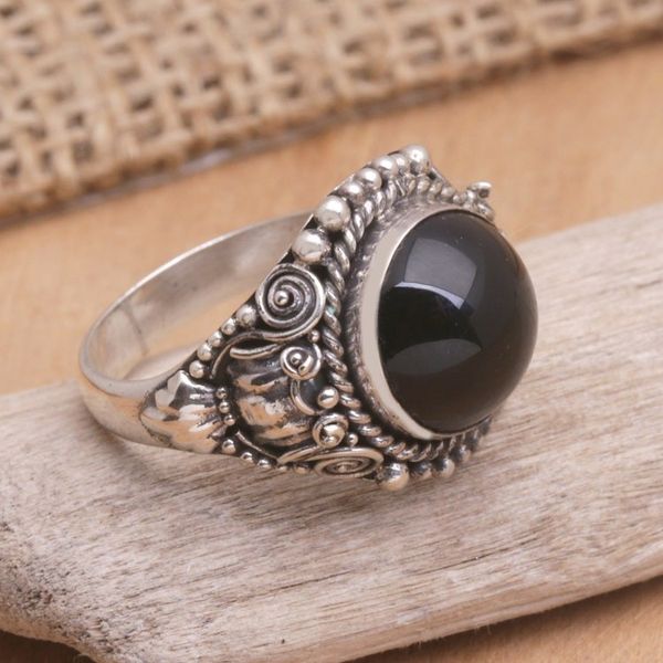 Alternate image for Balinese Onyx Sterling Silver Cocktail Ring Black Eclipse