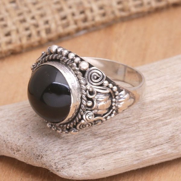 Alternate image for Balinese Onyx Sterling Silver Cocktail Ring Black Eclipse