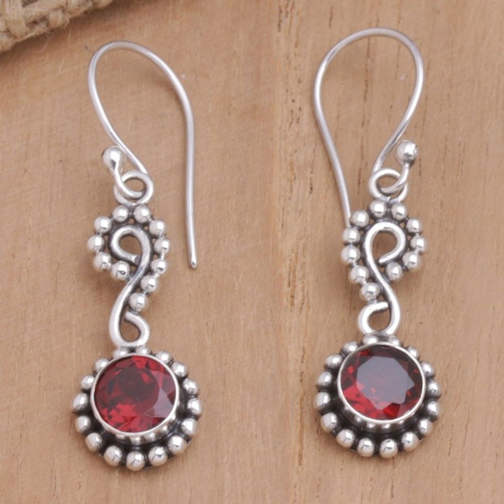 Sterling Silver Dangle Earrings with Faceted Garnet Stones 'Carmine Eyes'