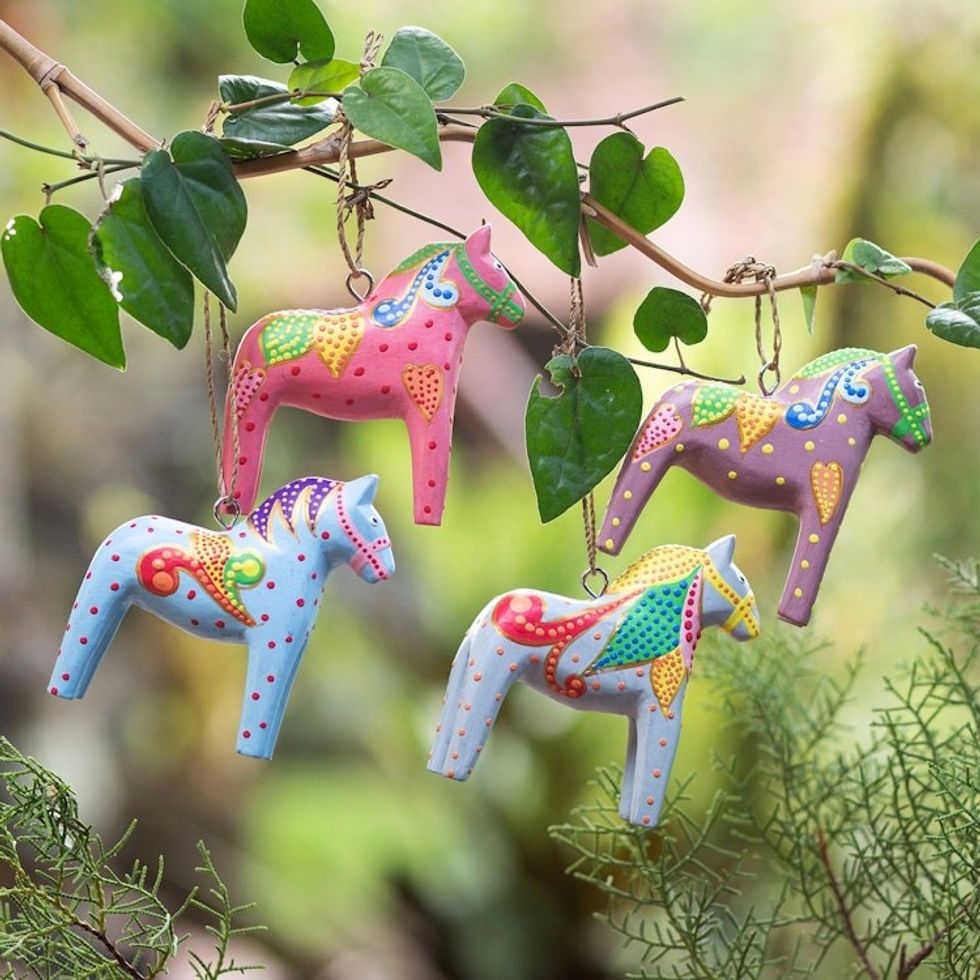 Set of 4 Handmade Wooden Equine Ornaments for Christmas 'Dala Winter'