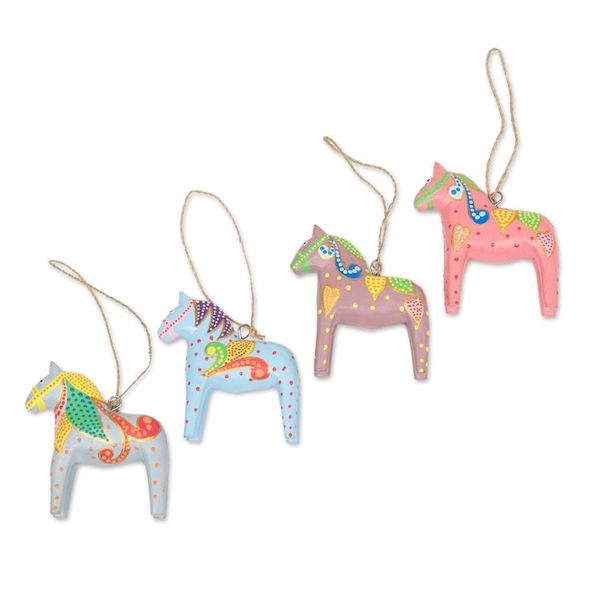 Alternate image for Set of 4 Handmade Wooden Equine Ornaments for Christmas Dala Winter