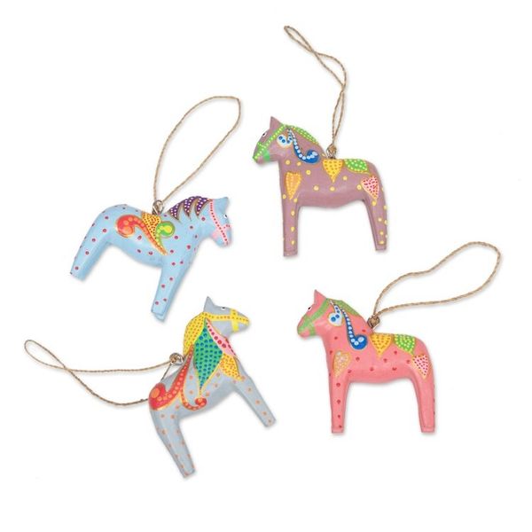 Alternate image for Set of 4 Handmade Wooden Equine Ornaments for Christmas Dala Winter